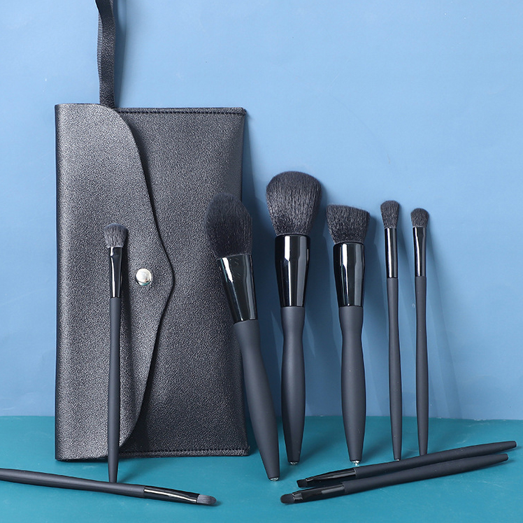 9pcs Kabuki Vegan Synthetic Cosmetics Make up Brushes Luxury Professional Private Label Black Makeup Brush Set With Belt Bag