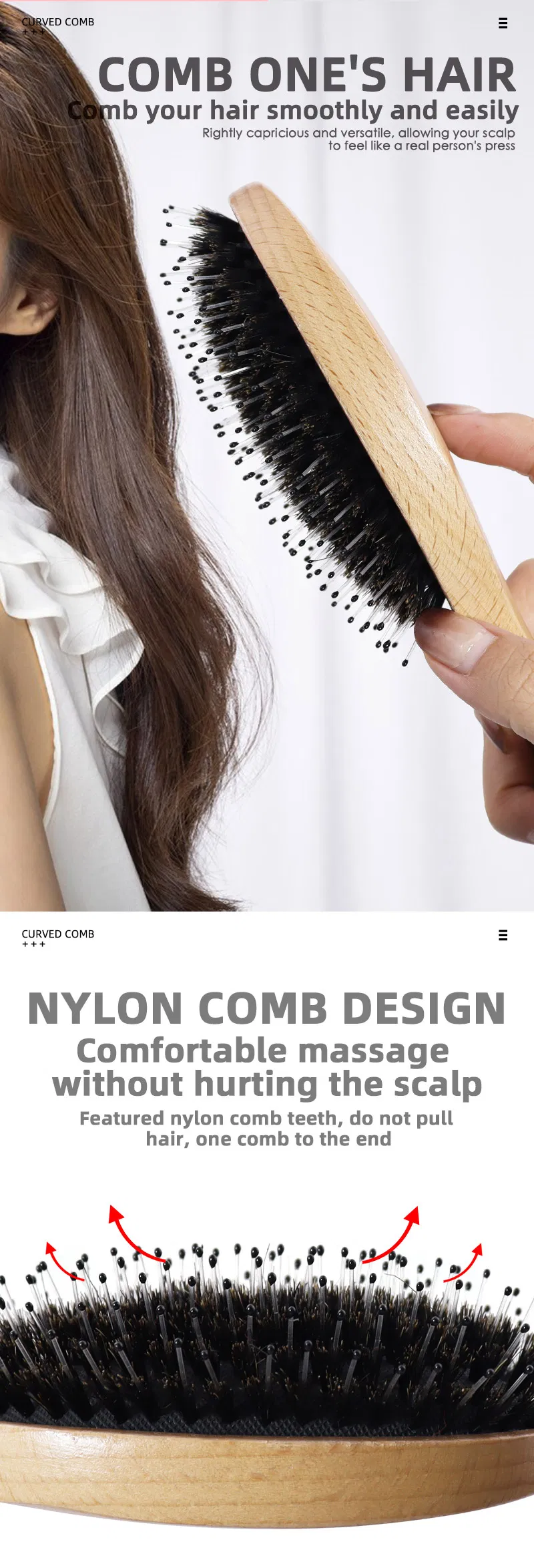 Natural Bamboo Comb Hair Brush Detangling Scalp Massage Detail 2