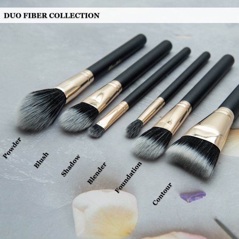 Professional 6-Piece Makeup Brush Set Dual Fiber Black Wood Handle for Airbrushed Power Foundation Blush Shadow Application