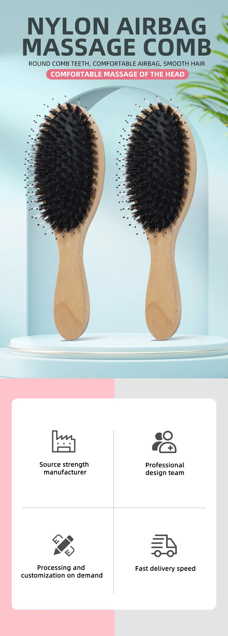 Natural Bamboo Comb Hair Brush Detangling Scalp Massage Detail 1