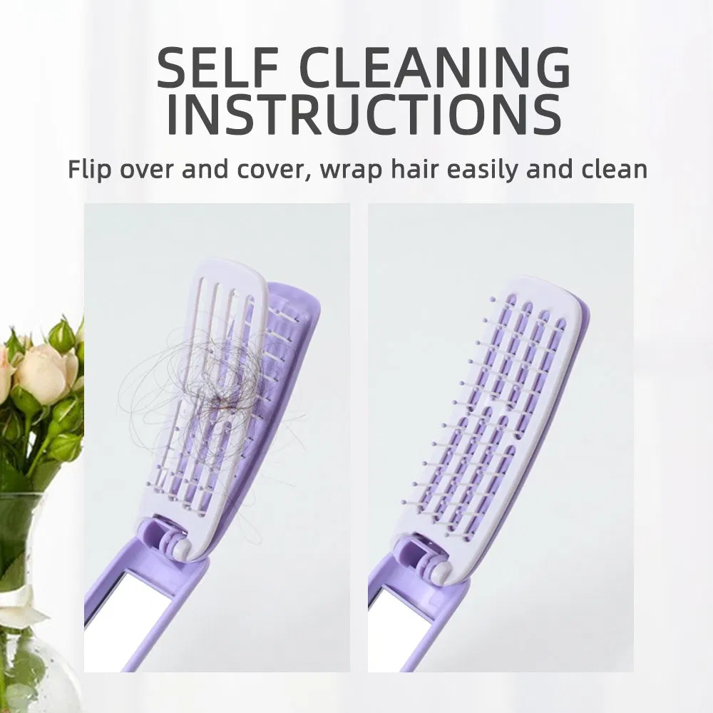 Mini Pink Detangle Folding Travel ABS Nylon Hair Brushes Customized Portable with Makeup Mirror Plastic