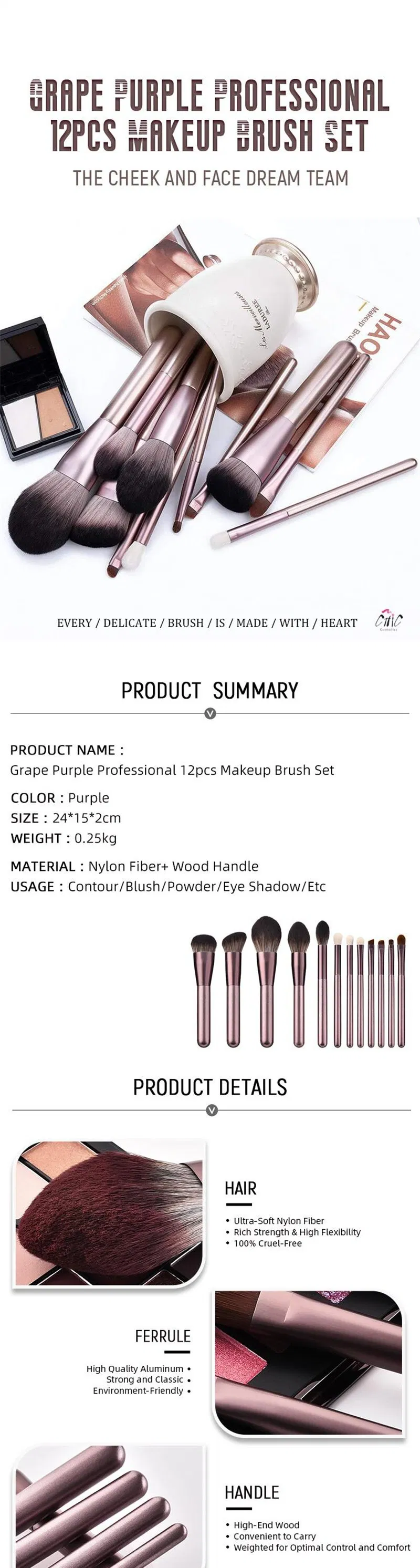 12PCS Vegan Makeup Cosmetic Brush Set with Folding Bag