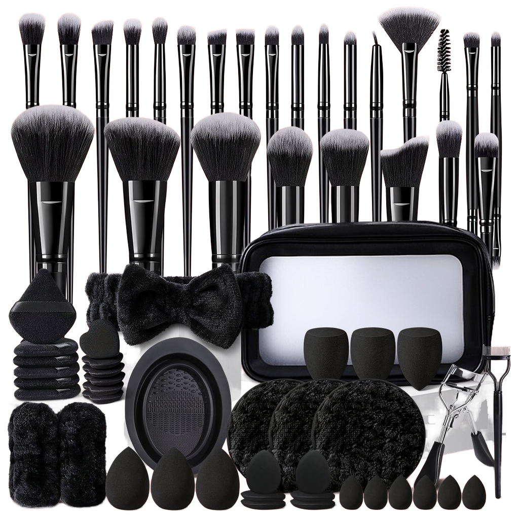 65Pcs Black Professional Makeup Brush Set Plastic Handles Synthetic Hair-Multi-functional Facial Eye Tools Case Customizable