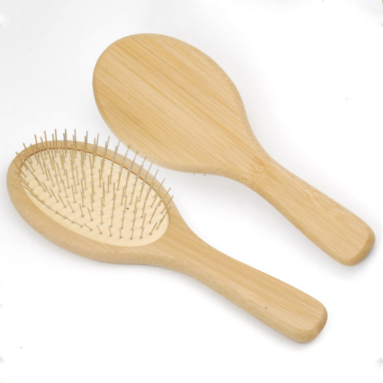 Natural Bamboo Handle Salon Care Scalp Massage Hair Brush Straightener with Stainless Steel Metal Pin Tooth