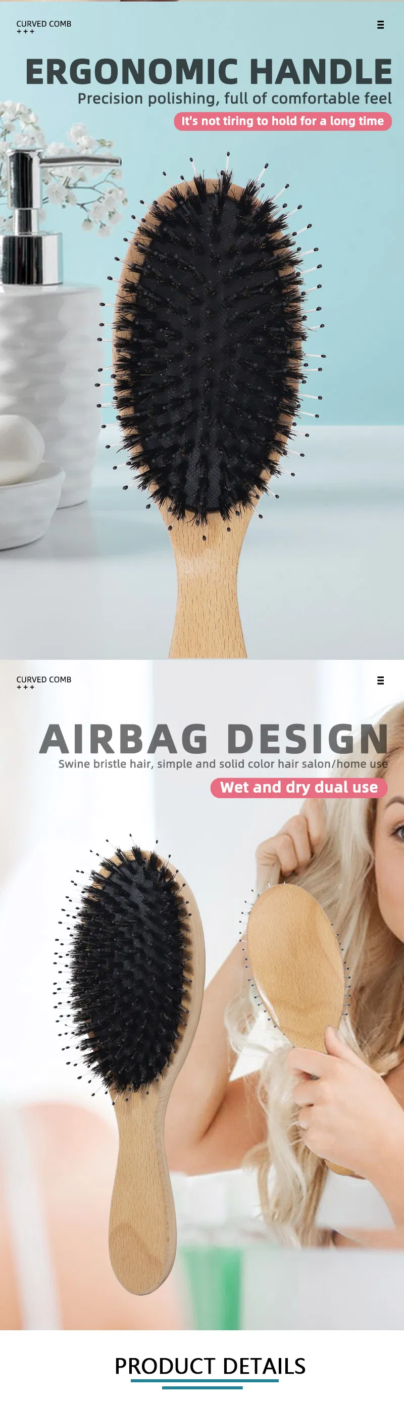 Natural Bamboo Comb Hair Brush Detangling Scalp Massage Detail 4