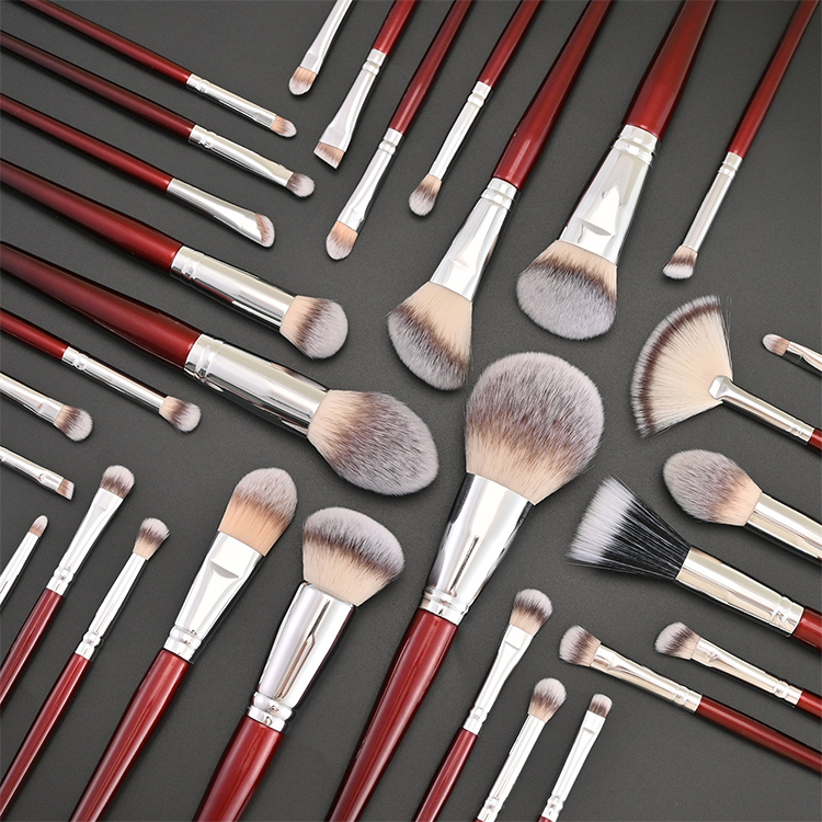 30pcs Professional Customizable Face Makeup Brush Set Red Wooden Handle Fan-Shaped Loose Powder Eyeshadow Brushes Concealer