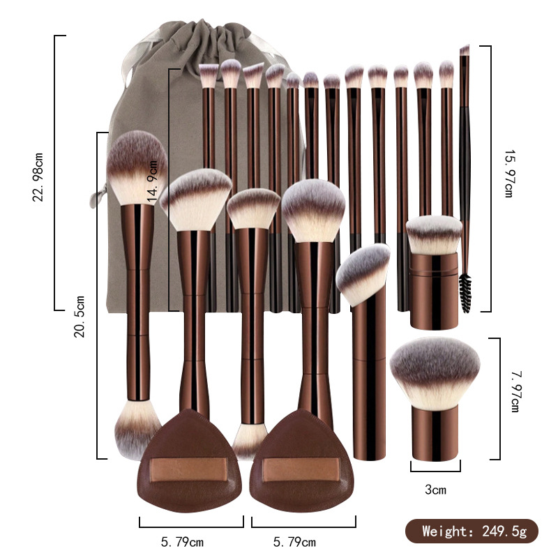 Professional Metal Aluminum Handle Synthetic Hair Durable Skin-Friendly 20-Piece Double-Ended Flat Makeup Brush Set for Makeup