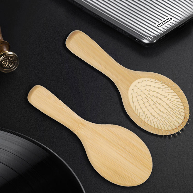 Natural Bamboo Handle Salon Care Scalp Massage Hair Brush Straightener with Stainless Steel Metal Pin Tooth