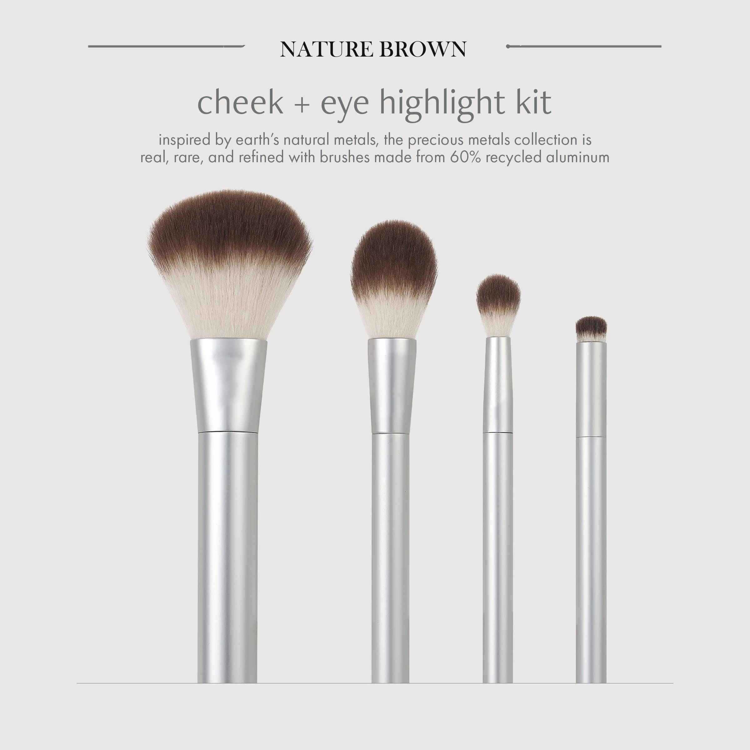 4-Piece Eco-Friendly Cruelty-Free Makeup Brush Set Precious Metals Chrome Recycled Aluminum Face Brushes for Eyeshadow Blush