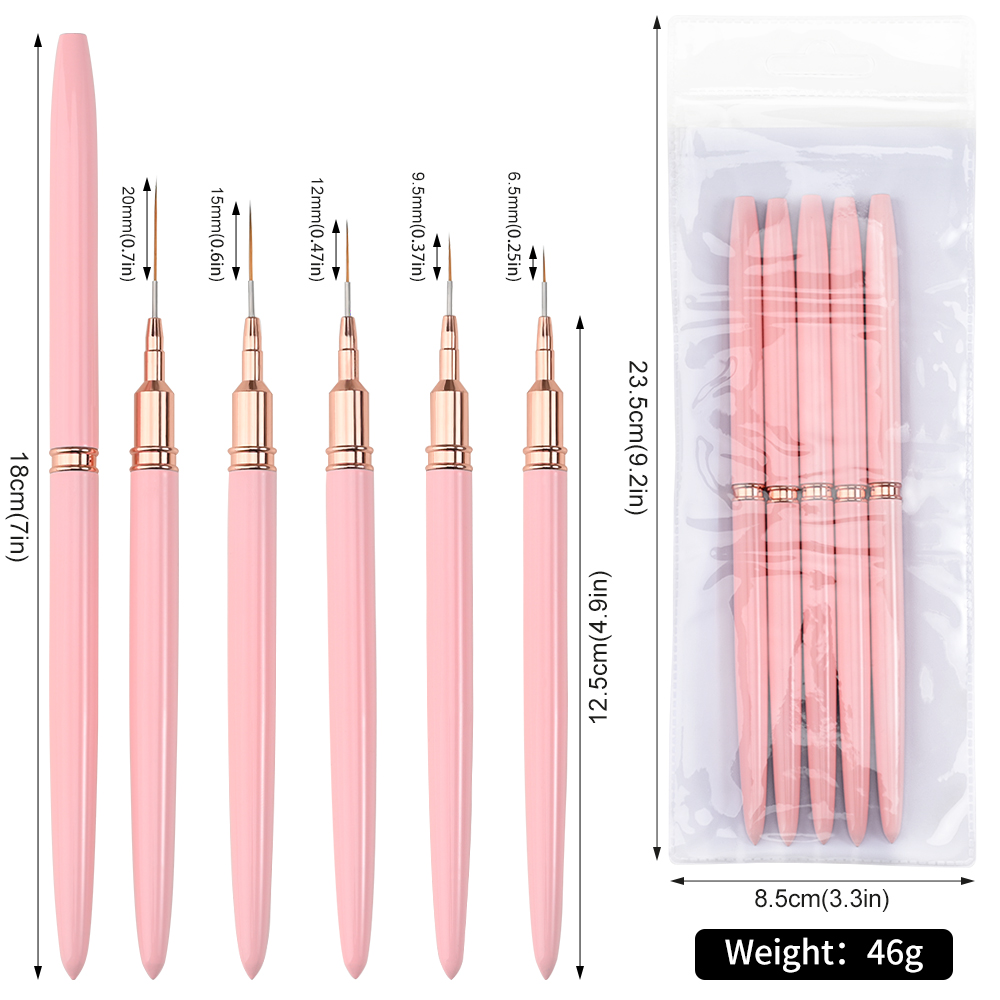 Hot Sale Nail Tech Art Brushes 5pcs Nylon Hair Nail Painting Pen Brush Professional Nail Liner Brushes Sets