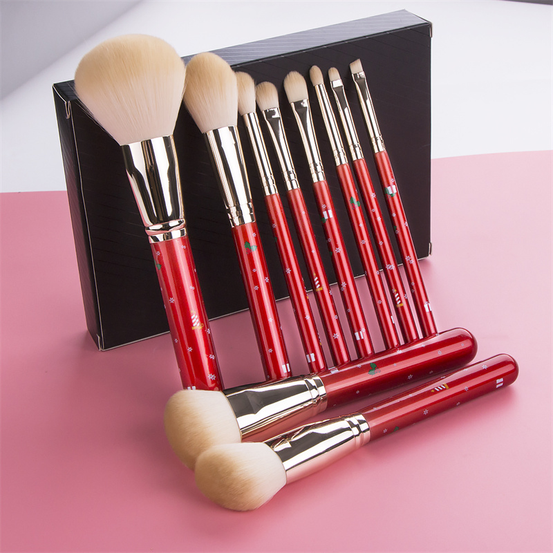 Christmas Gift 10 PCS Red Handle Premiun Synthetic Hair Vegan Makeup Brush Set