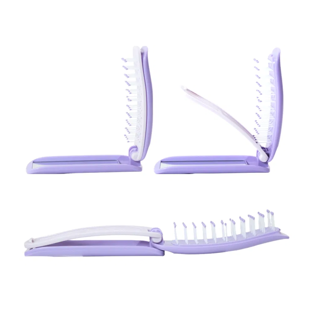 Mini Pink Detangle Folding Travel ABS Nylon Hair Brushes Customized Portable with Makeup Mirror Plastic