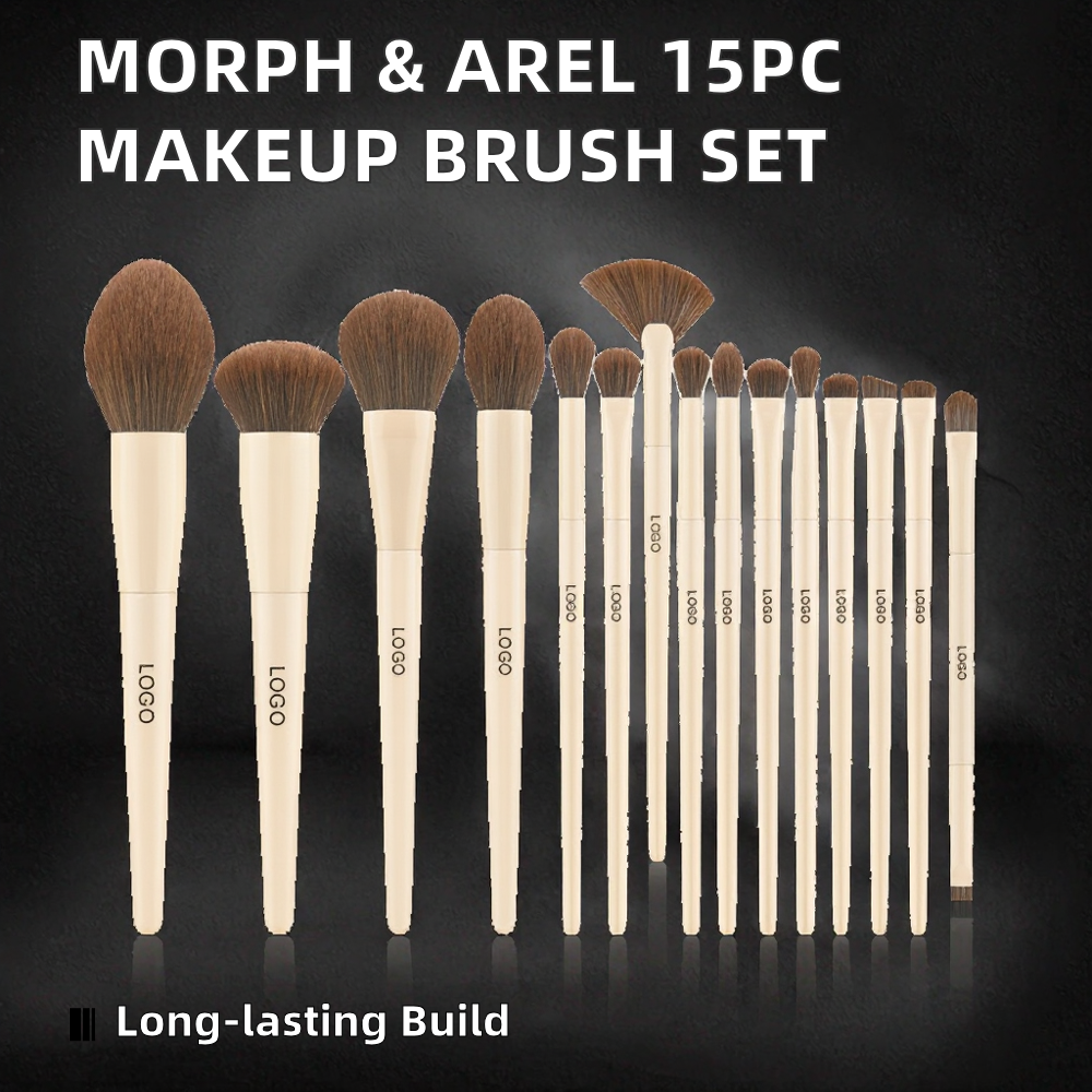 Professional Kabuki Foundation Kit 15pcs High Quality Khaki Makeup Brushes Set with Wood Handle Custom Logo Face Use