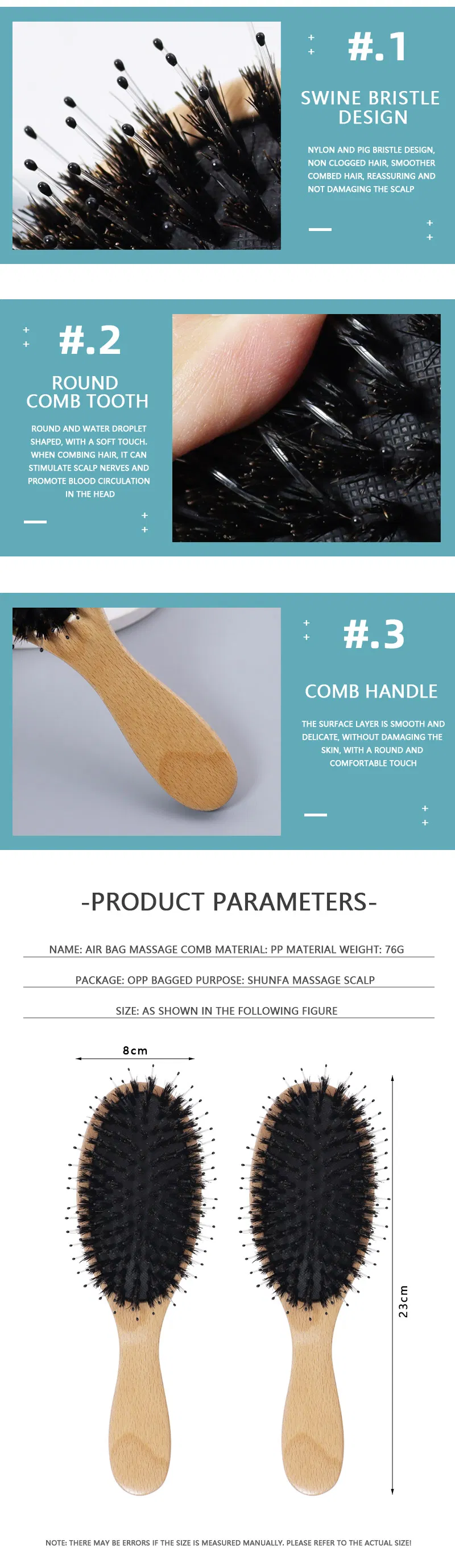 Natural Bamboo Comb Hair Brush Detangling Scalp Massage Detail 5