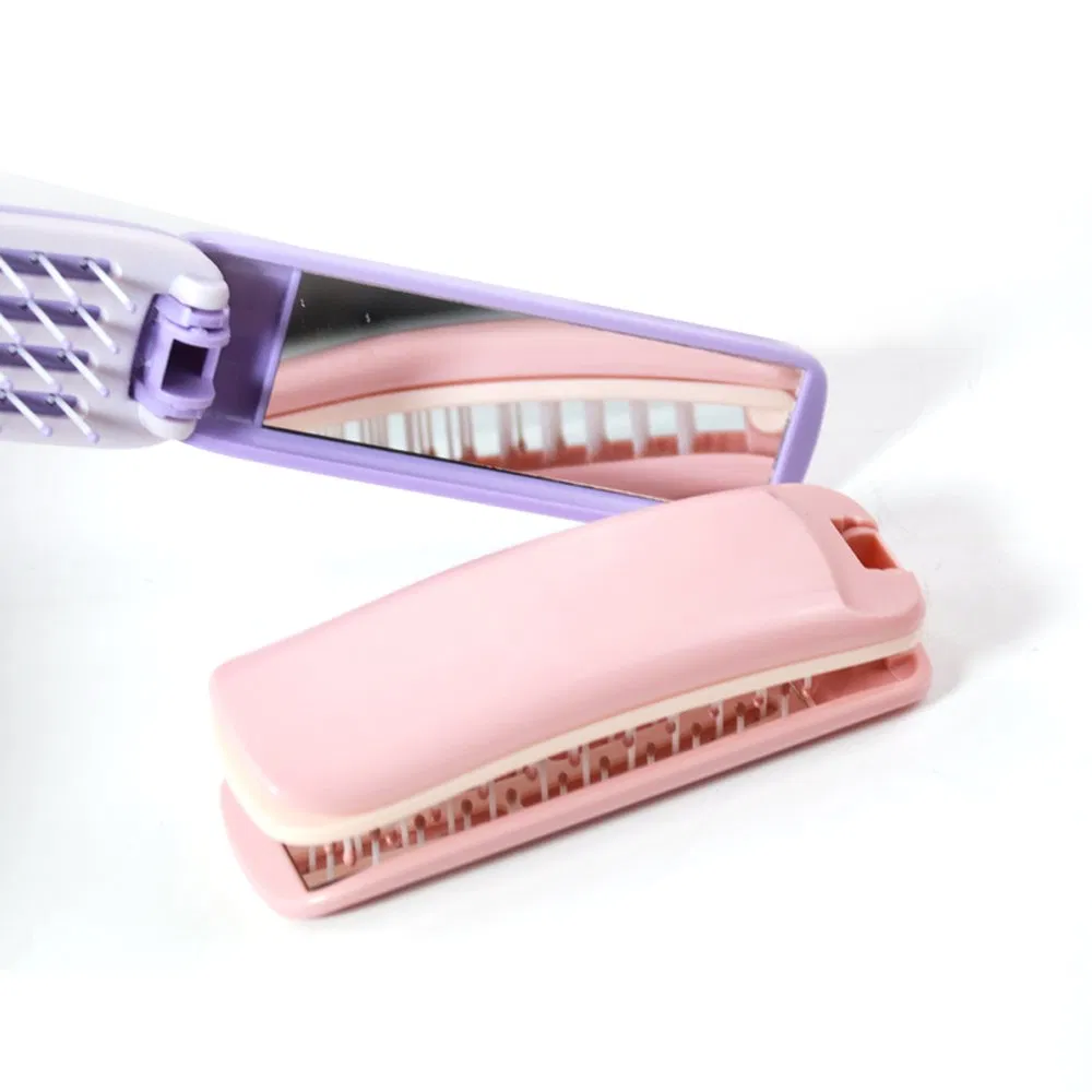 Mini Pink Detangle Folding Travel ABS Nylon Hair Brushes Customized Portable with Makeup Mirror Plastic
