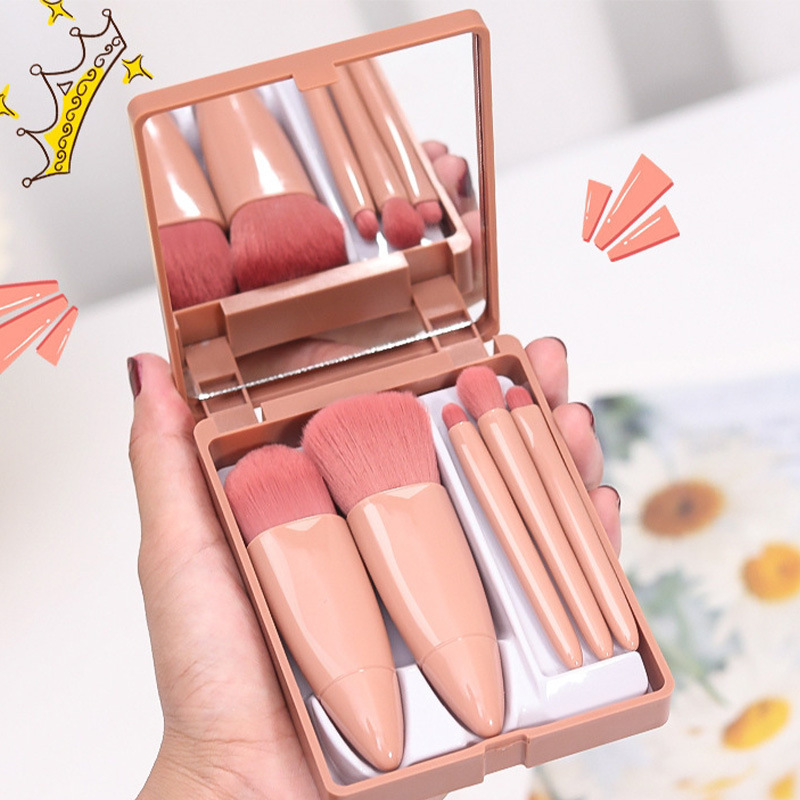 Wholesales Private Label Mini 5-piece Portable Home Use/Travel Makeup Brush Set With Mirror Affordable Beauty Tools for Students