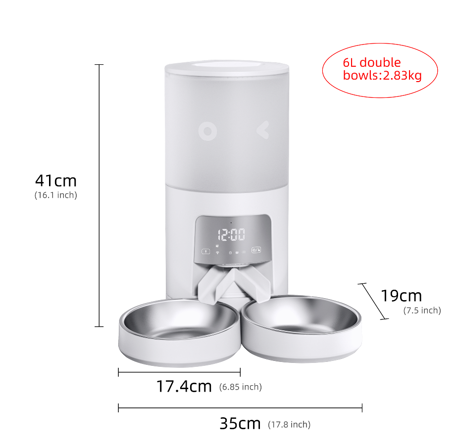 6L Two Bowls Automatic Pet Feeder 6-Meal LCD Timing Intelligent WiFi Charge Source Made Plastic White Indoor/Travel Use Feeder