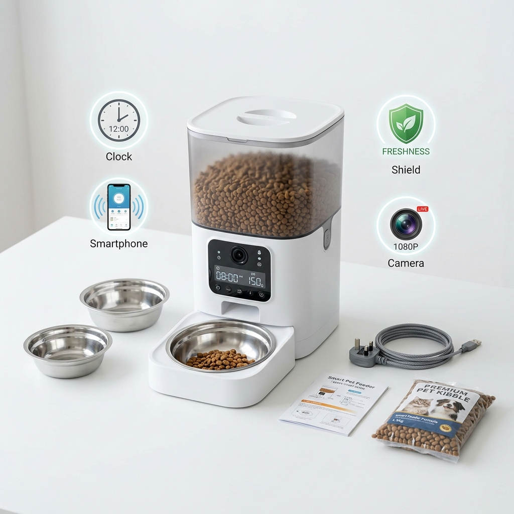 APP Controlled Automatic Pet Feeder Timer Food Dispenser with Camera Dual Stainless Steel Bowls for Cat Dog Scheduled Feeding