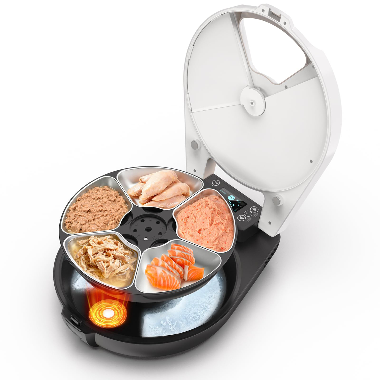 Automatic Wet Food Cat Feeder Refrigerated Auto Feeder Semiconductor Cooling Heating 304 Stainless Steel Bowl White Indoor Use