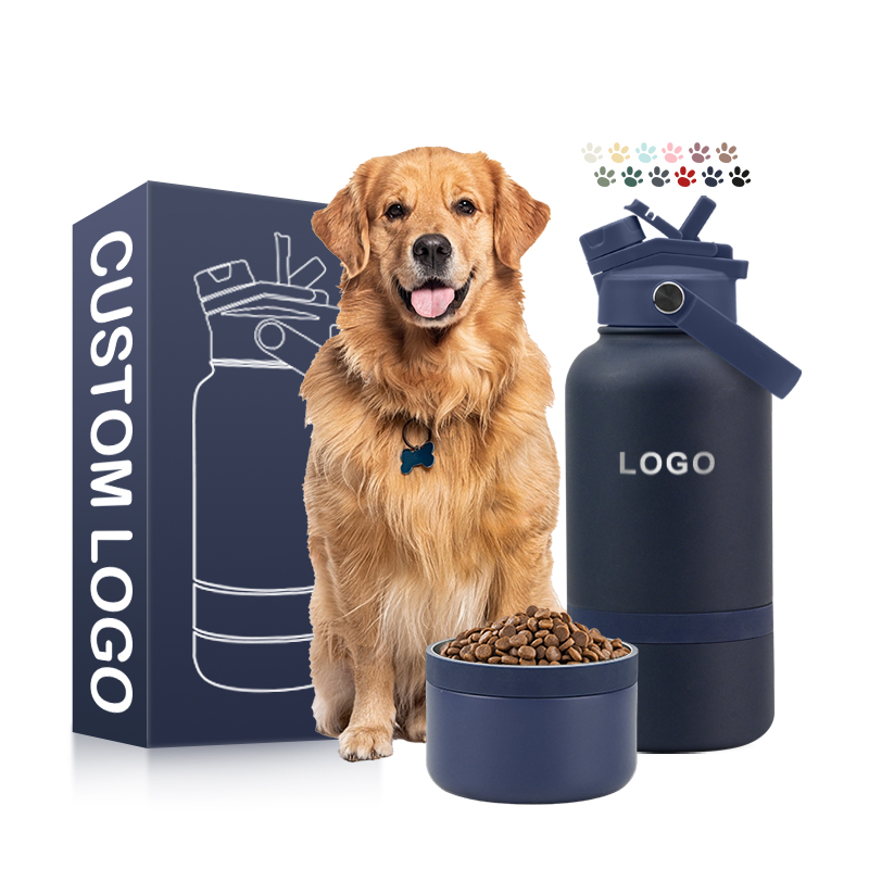Custom Logo Portable Travel Pet Feeder Bowls 32oz Double Wall Insulated Stainless Steel Dog Water Bottle Eco-Friendly 2 1 Cats