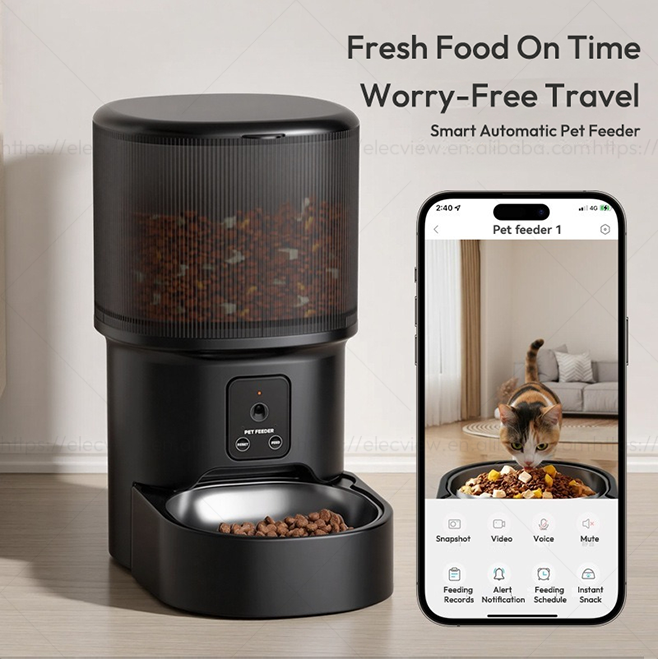 Elecpet 4L Black Automatic Cat Feeder With 720p Camera Video 2.4G WiFi Kitten Food Dispenser Smart Voice Recorder APP Control