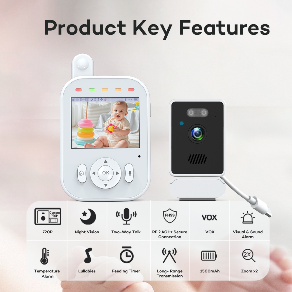 NEW 2.8 Inch Display 720P Night Vision Lullaby 2.4GHz Wireless Audio Video Temperature Feeding Timer Baby Camera Monitor NO Wifi