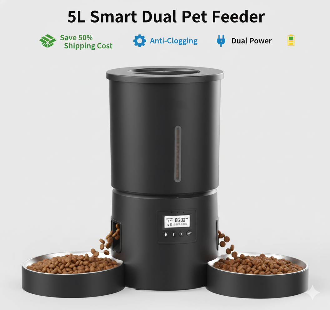 Automatic Smart Pet Food Dispenser Dual Power Cat Feeder Bowls 10s Voice Record Flexible Schedule Timer for Dogs and Cats