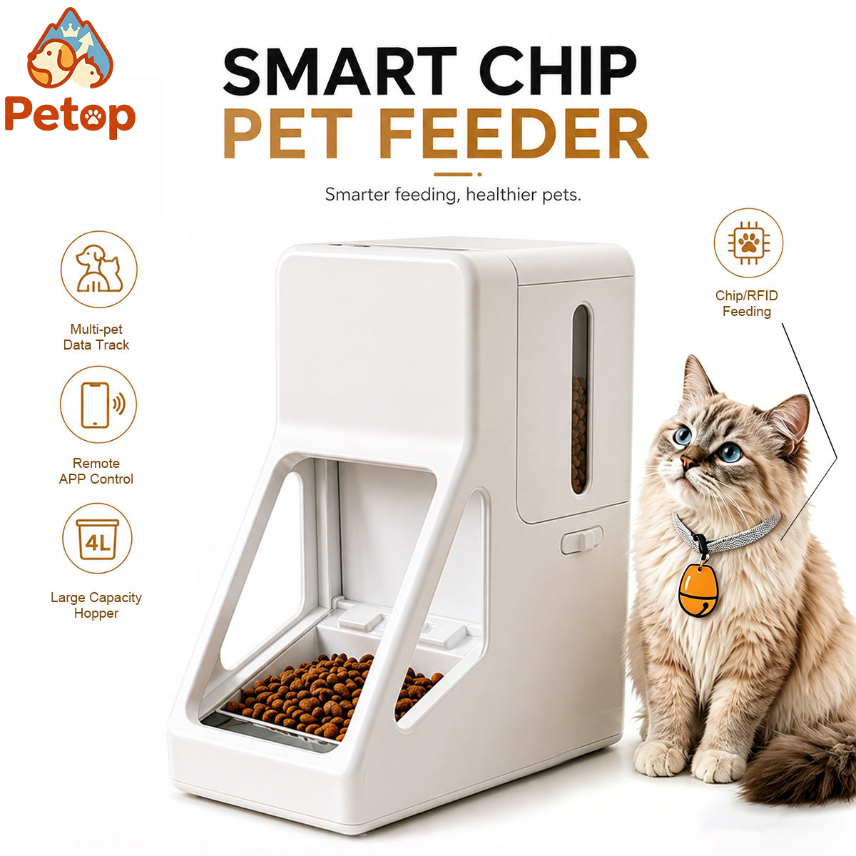 Petop 4L Smart RFID Chip Identification WiFi APP Control Automatic Pet Feeder Dual Power Supply Automatic Feeder for Dog and cat
