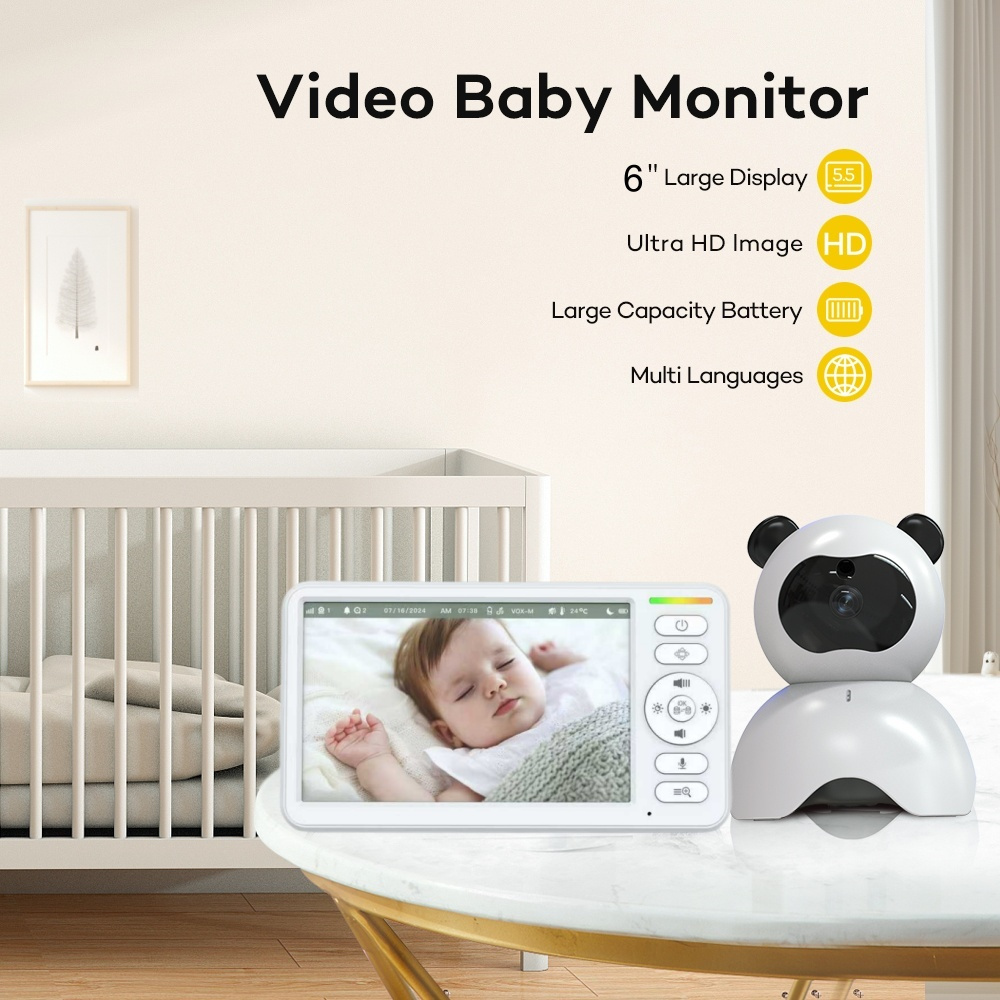 New 6 Inch Display 720P Night Vision Lullabies 2.4GHz Wireless Audio Video Temperature Feeding Timer Baby Camera Monitor No WiFi