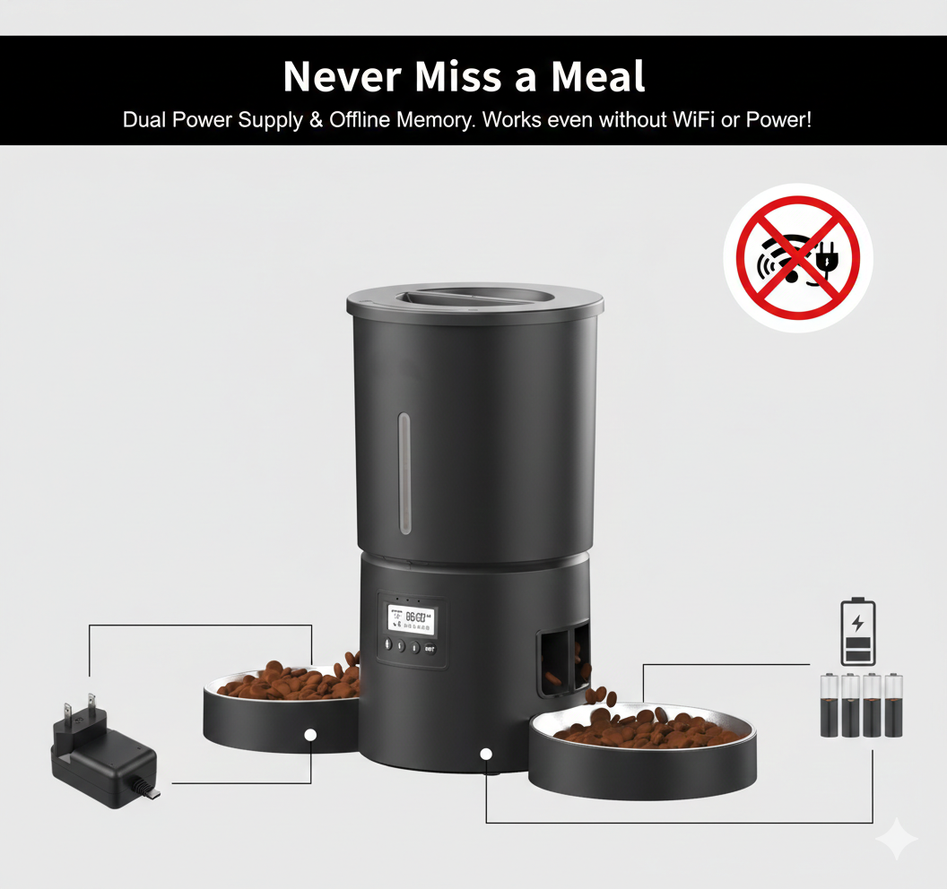Automatic Smart Pet Food Dispenser Dual Power Cat Feeder Bowls 10s Voice Record Flexible Schedule Timer for Dogs and Cats