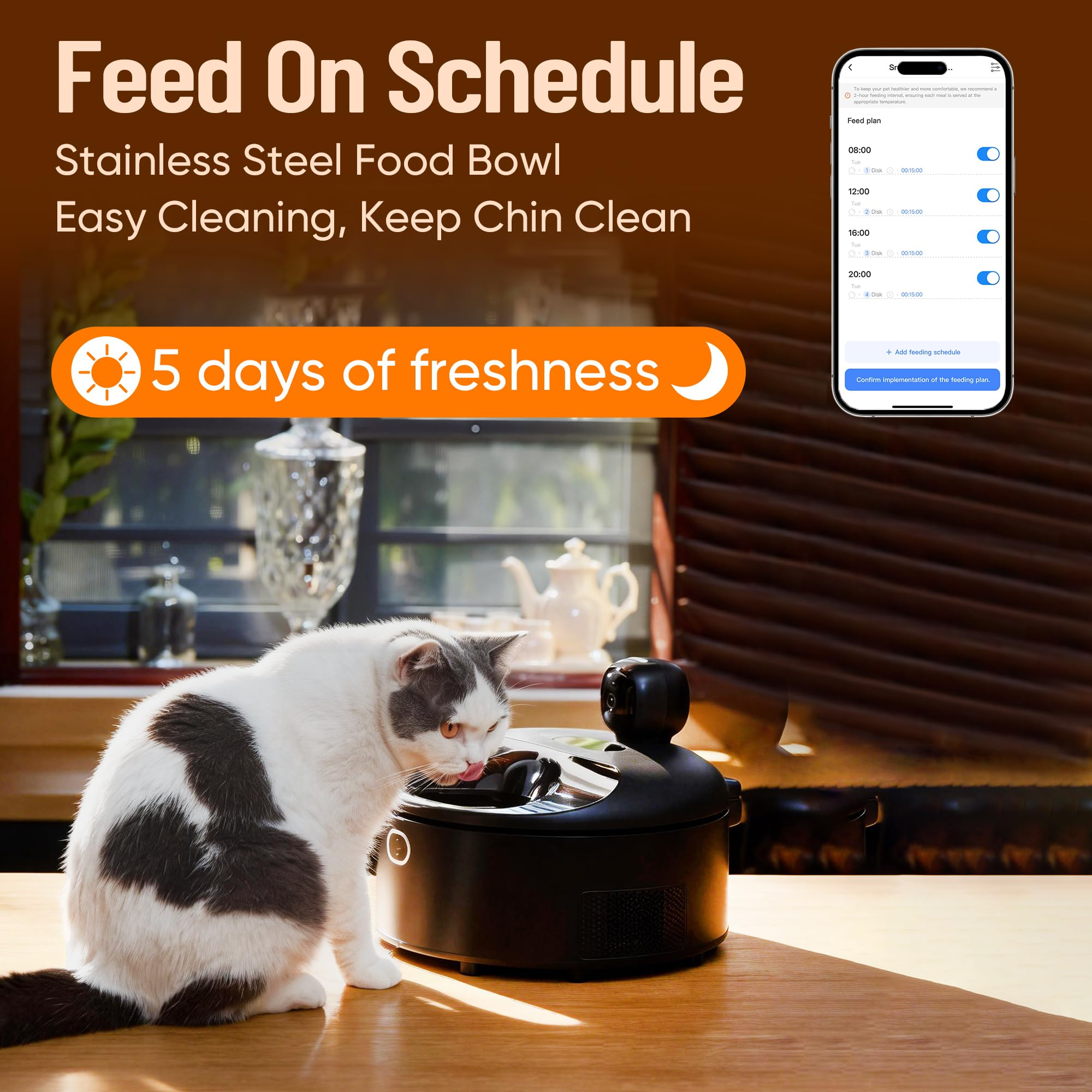 Manufacturer Wet Food Automatic Cat Feeder Semiconductor Cooling &amp; Heating with Stainless Steel Bow APP Control with Camera