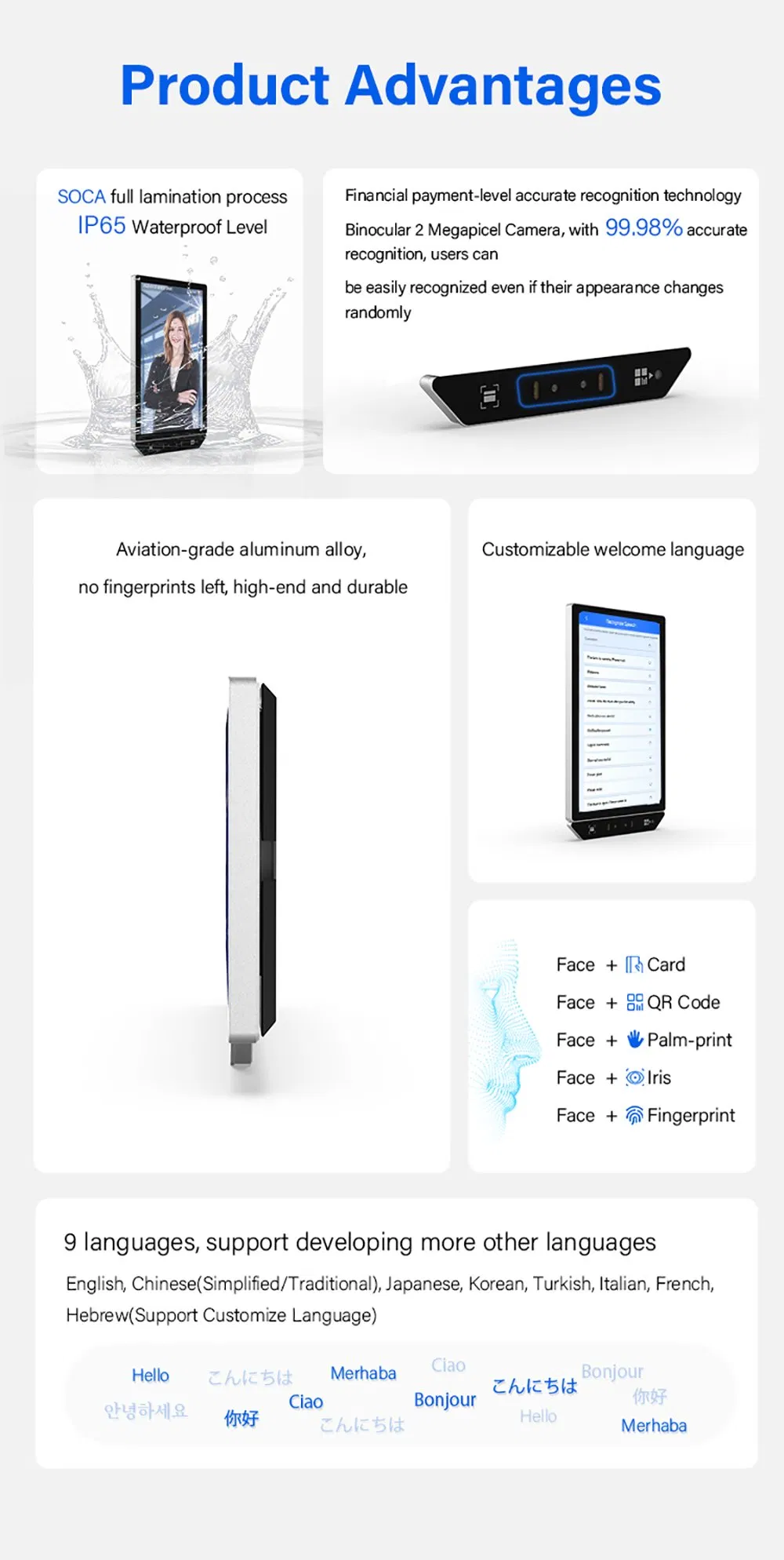 Anti-Cheating Cloud Management Android Smart Aluminum Alloy RFID Qr Code Access Control Face Recognition Attendance System for Staff Entrance