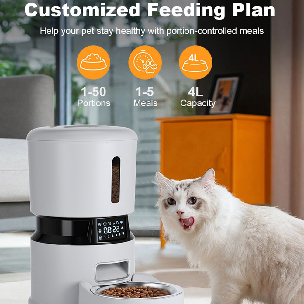 Black 4L Smart Automatic Pet Feeder Food Container Timed Portioned Feeding Food-Grade Stainless Steel Bowl Cats Dogs Food Feeder