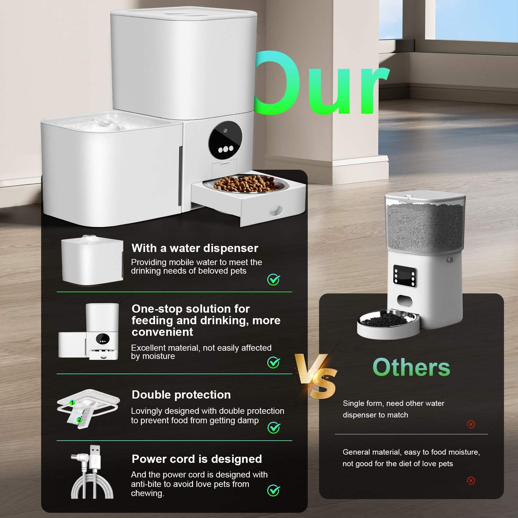 Multi cat Feeder Battery-powered Automatic Pet Feeder/ DualFlow Hydration Dispenser TwinSpout Water Fountain &amp; Feeder Automatic