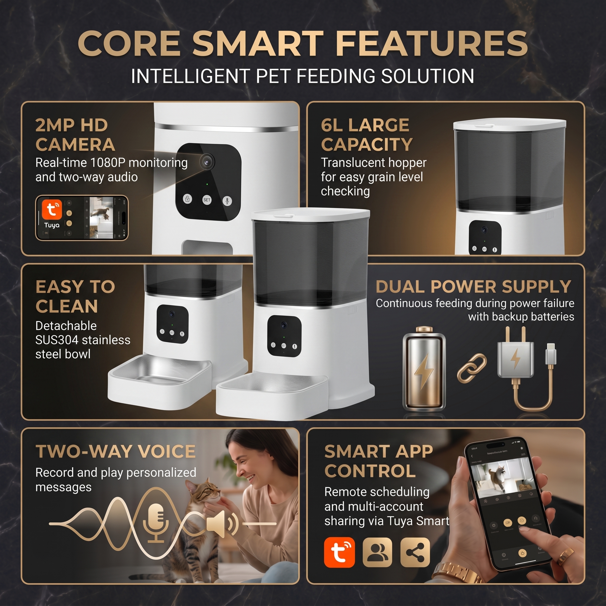 Tuya Smart Dog Cat Feeder Wifi Mobile Phone App Remote Control 6L Capacity Wifi Connected Charge Automatic Pet Food Dispenser