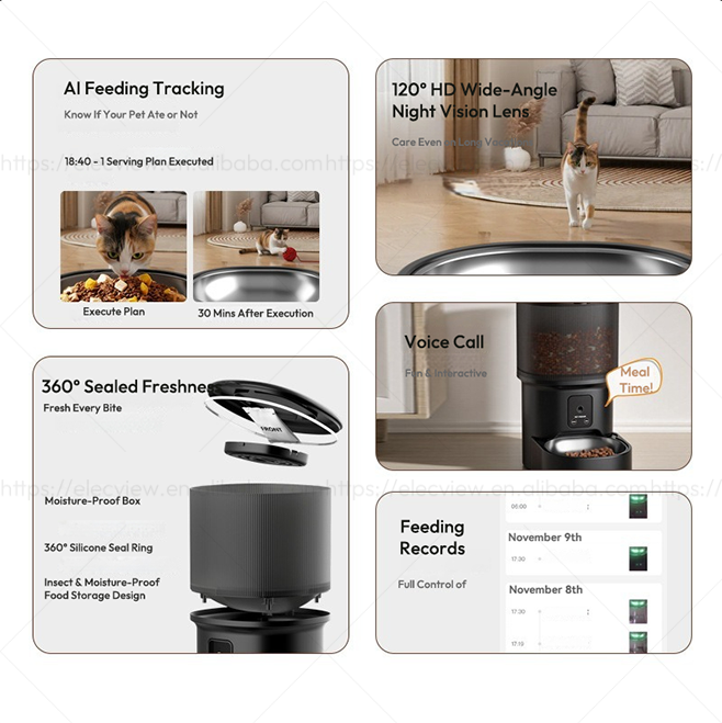 Elecpet 4L Black Automatic Cat Feeder With 720p Camera Video 2.4G WiFi Kitten Food Dispenser Smart Voice Recorder APP Control