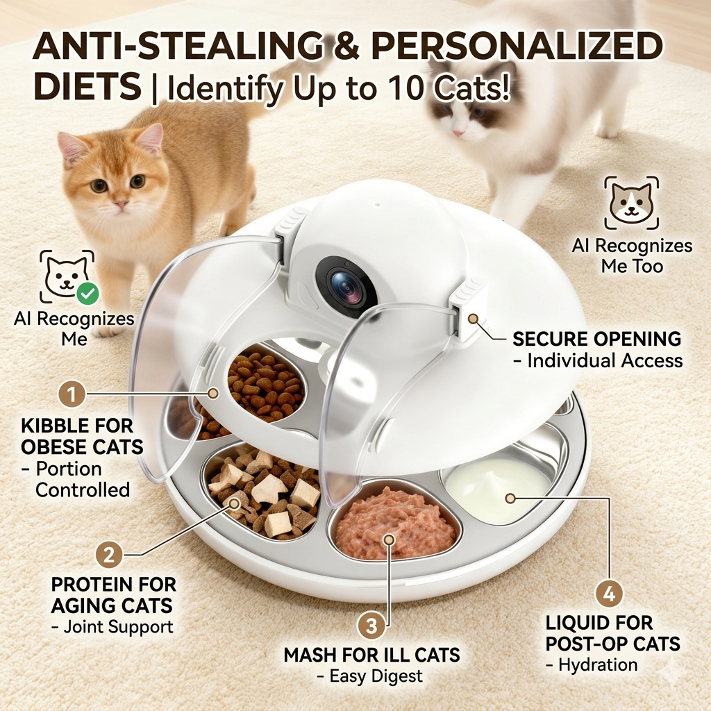 OEM/ODM Smart Multi Cat Automatic cat Feeder Wet Food AI Facial Recognition 6 Meal Rotating Tray Wifi APP Pet Feeder Automatic