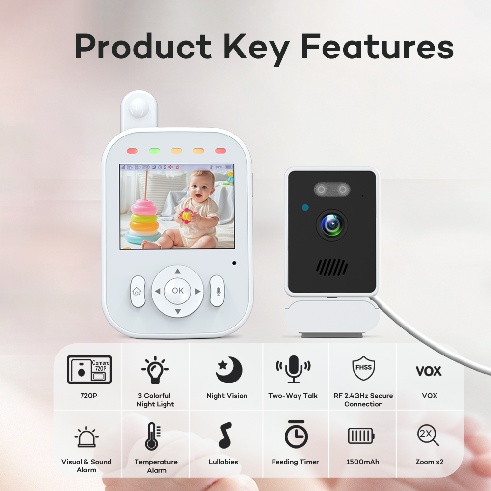 2.8 Inch Display 720P Night Vision Lullaby 2.4GHz Wireless Audio Video Temperature Feeding Timer Baby Camera Monitor NO Wifi