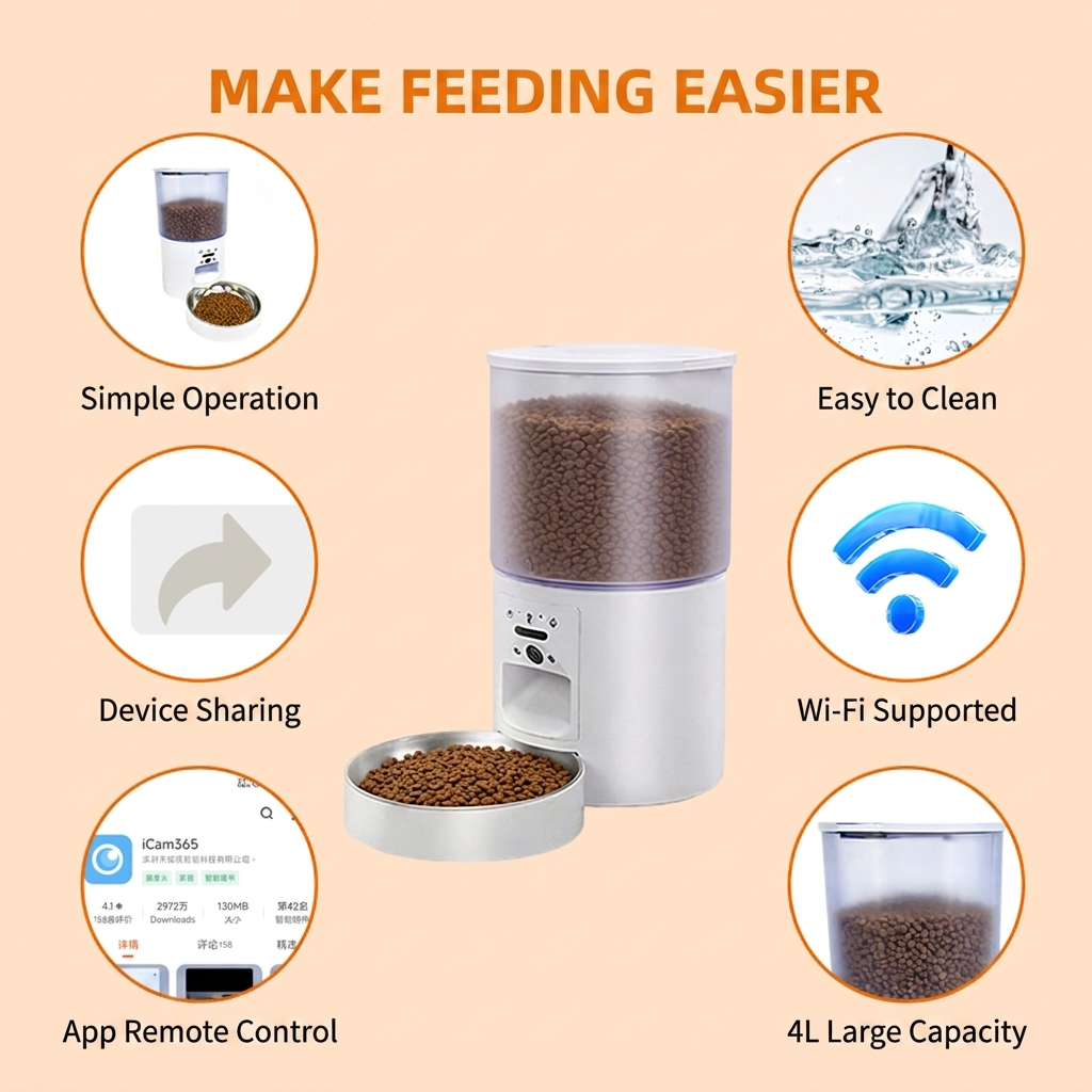 4L Smart Pet Feeder Automatic WiFi App Remote Control Dog Cat Food Dispenser Stainless Steel Bowl iCam365 Support Large Capacity