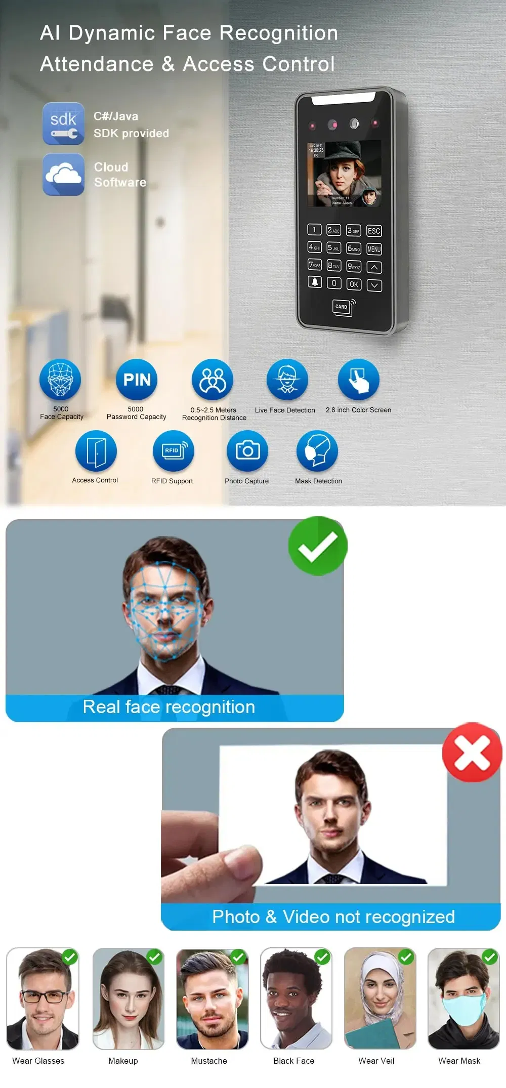 5000 Users Capacity RFID Card WiFi Biometric Facial Recognition Attendance System 1