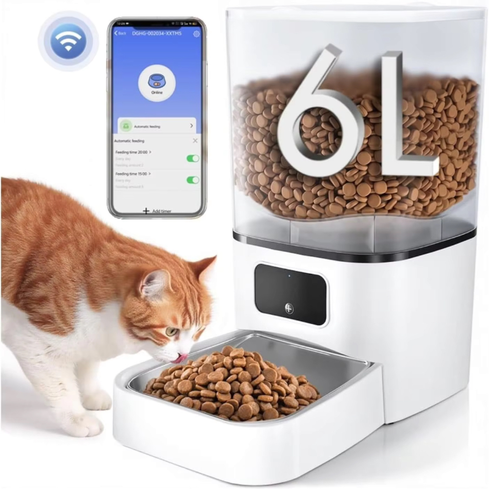 6L Large Capacity Automatic Cat Feeder with Dual Power Supply APP Remote Timed Feeding Stainless Bowl for Travel Business Trip