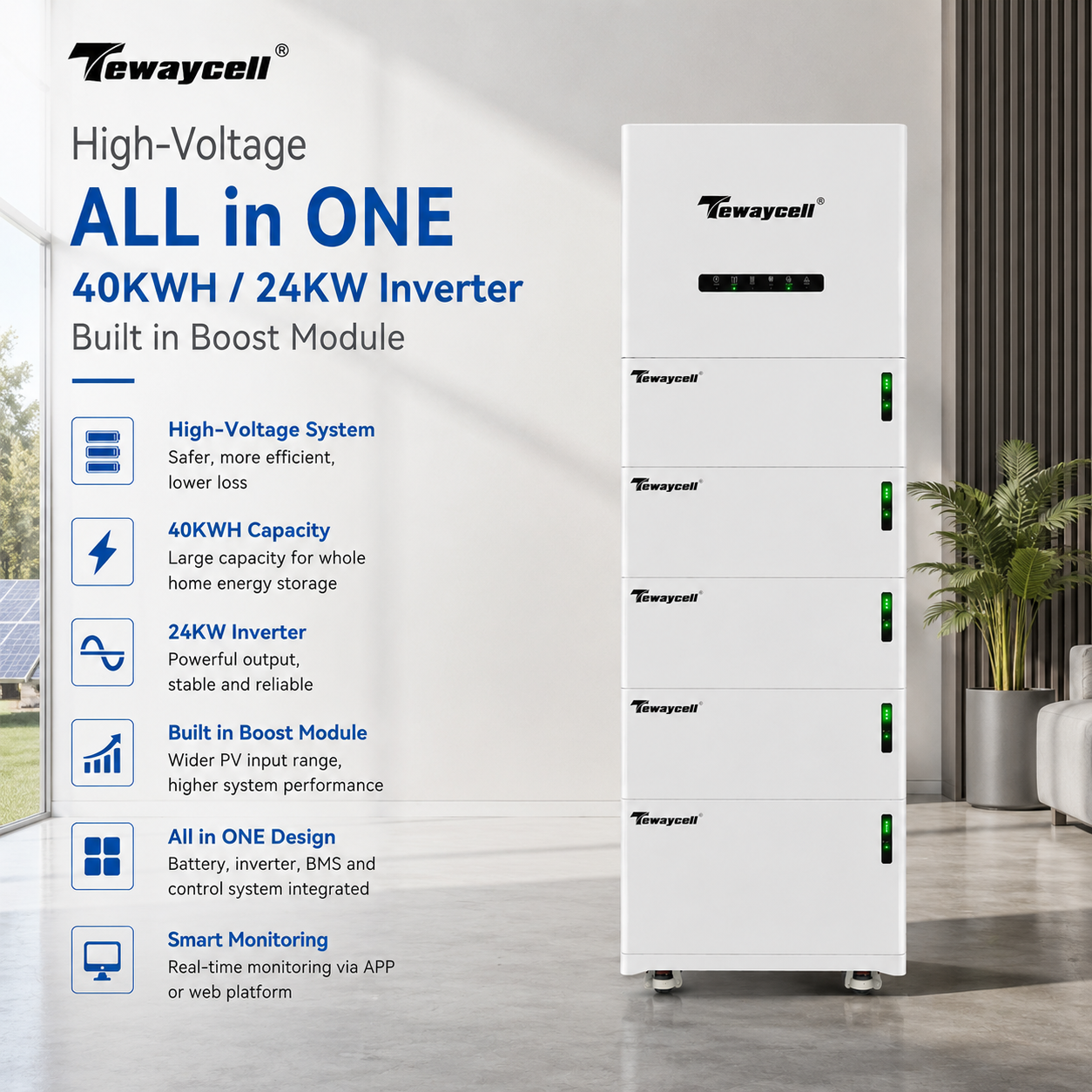 HV Stacked Lithium Battery DC to DC 400V 40KWH with 24KW Inverter Solar Energy Storage System for Residential Use
