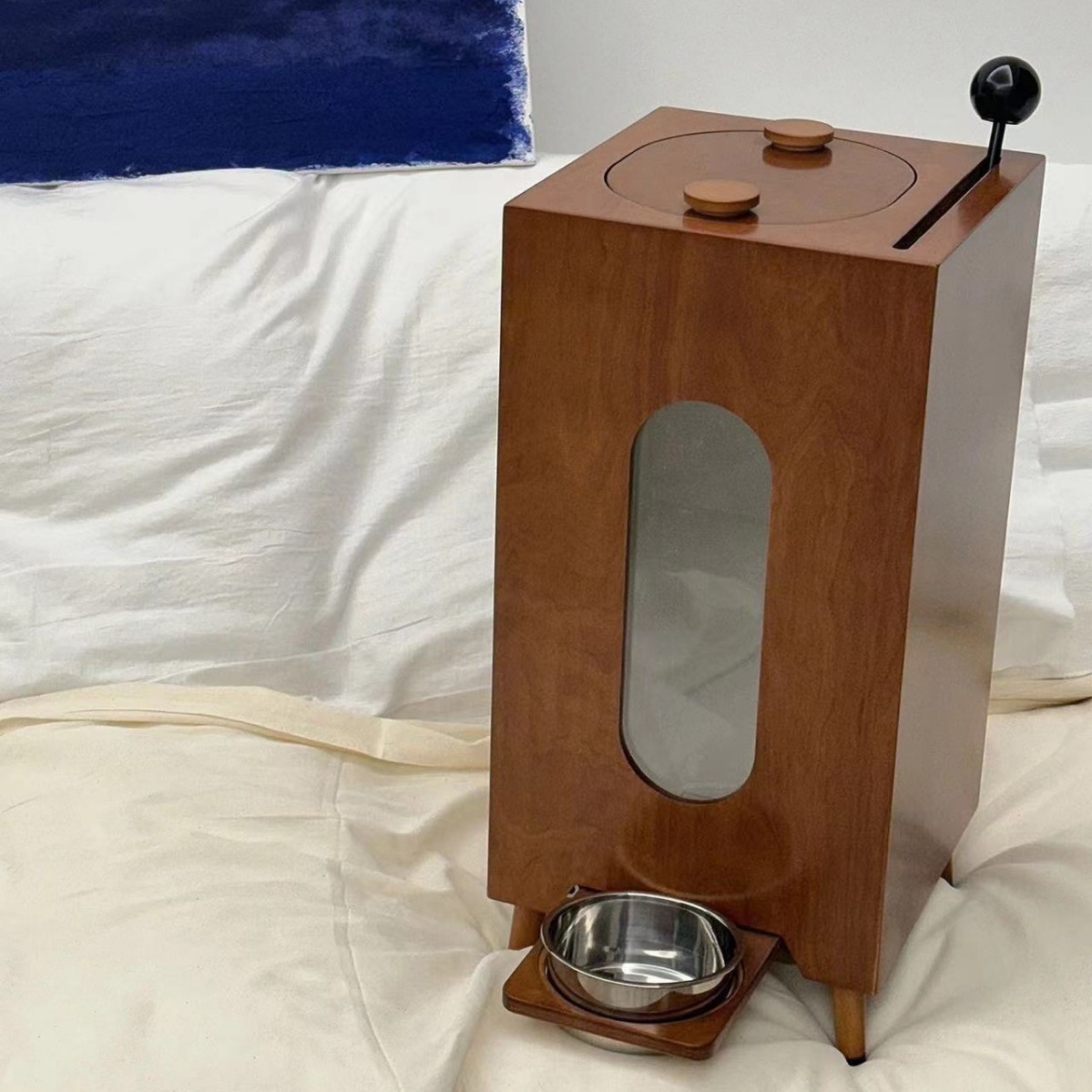 Wooden Pet Feeder Food Dispenser Large Capacity Suitable Cats Dogs Moisture Proof Healthy Manual Portion Control