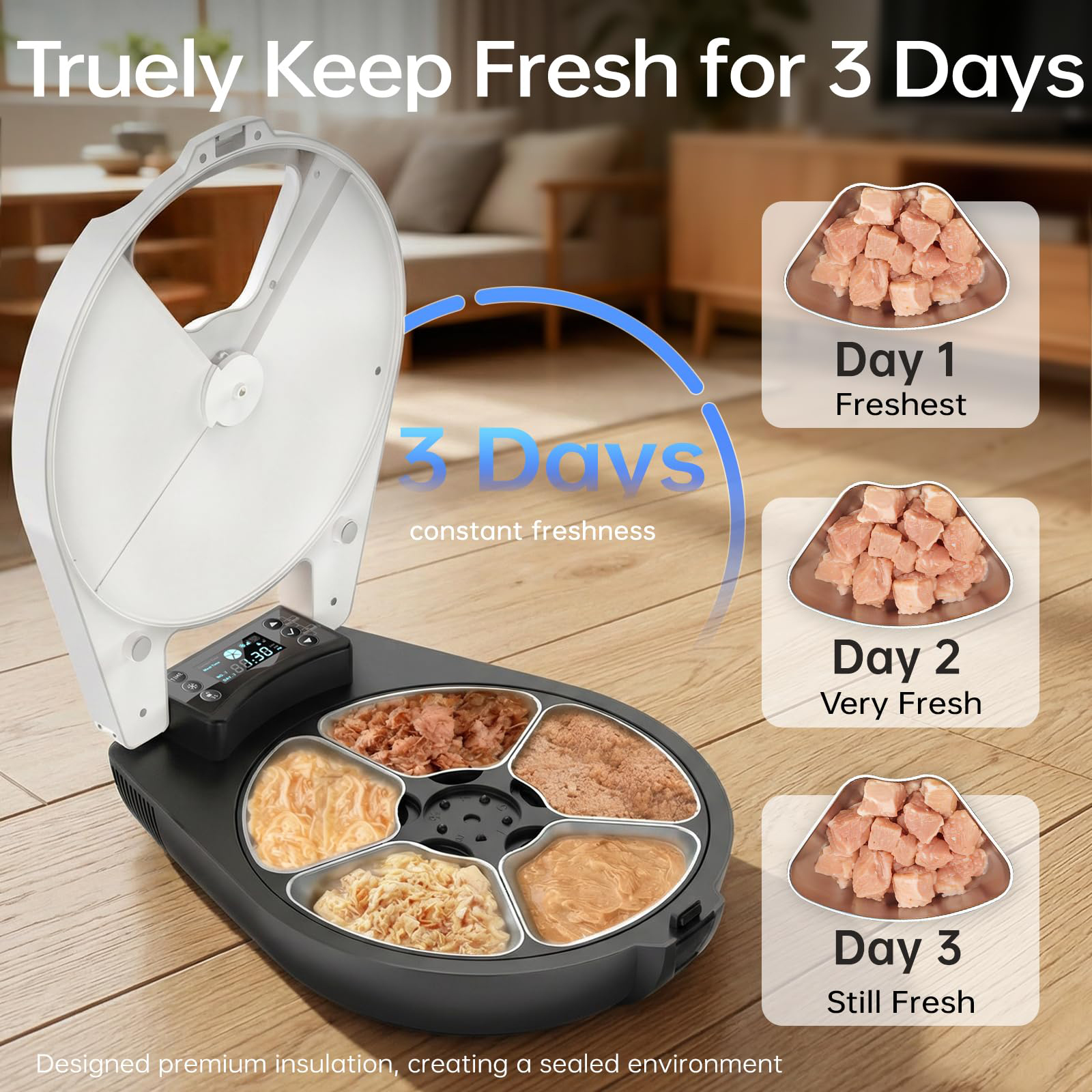 Automatic Wet Food Cat Feeder Refrigerated Auto Feeder Semiconductor Cooling Heating 304 Stainless Steel Bowl White Indoor Use