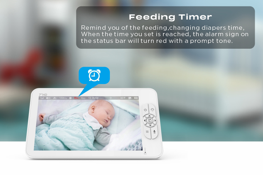 7.0 Inch LCD Big Display With Monitor Baby Camera Feeding Timer Auto Infrared PTZ Rotating ABS