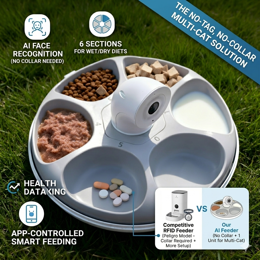 OEM/ODM Smart Multi Cat Automatic cat Feeder Wet Food AI Facial Recognition 6 Meal Rotating Tray Wifi APP Pet Feeder Automatic