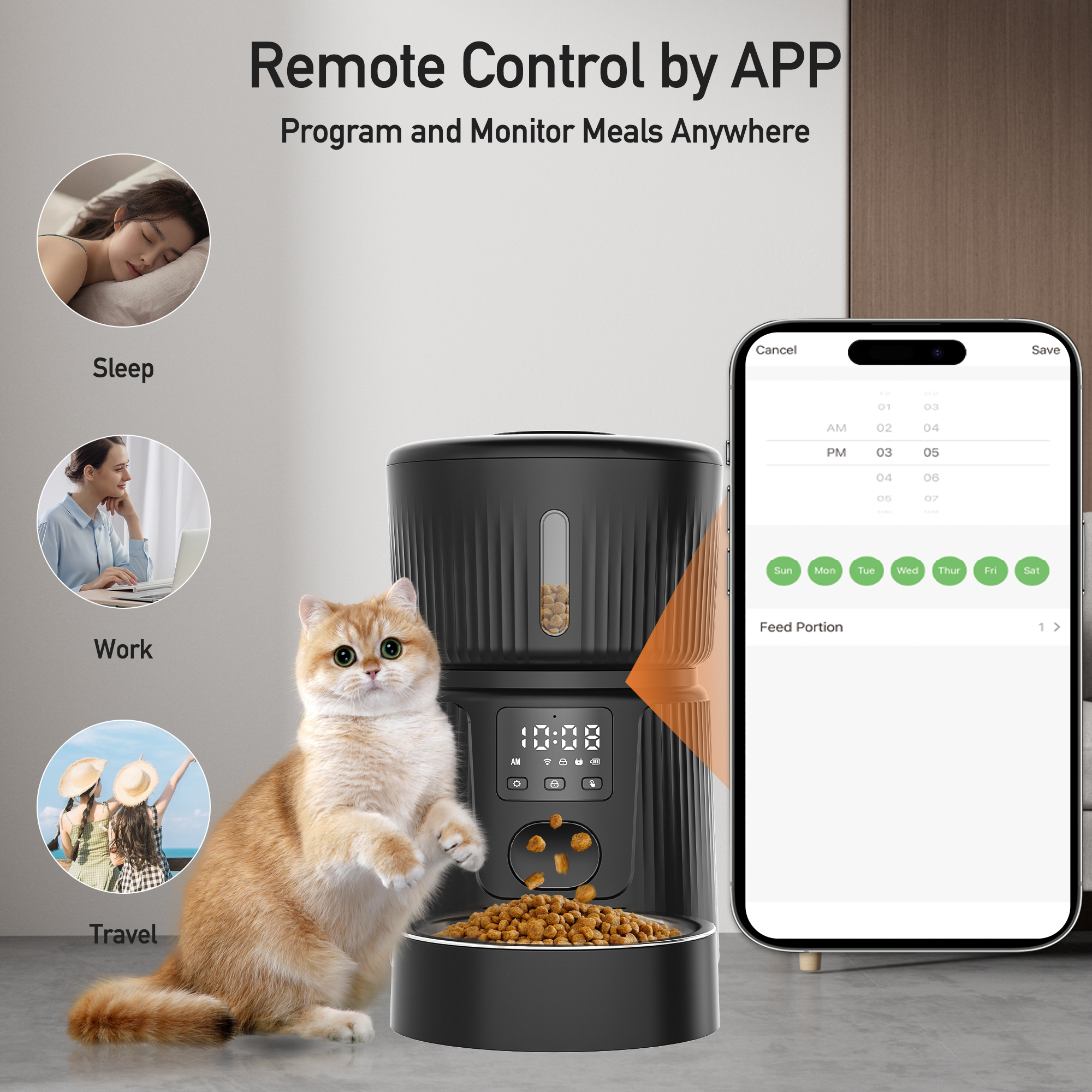 Portable Smart 3L Pet Bowls Feeders Indoor WIFI App Remote Control Automatic Dispenser for Cats Dogs 10s Voice Recording Plastic