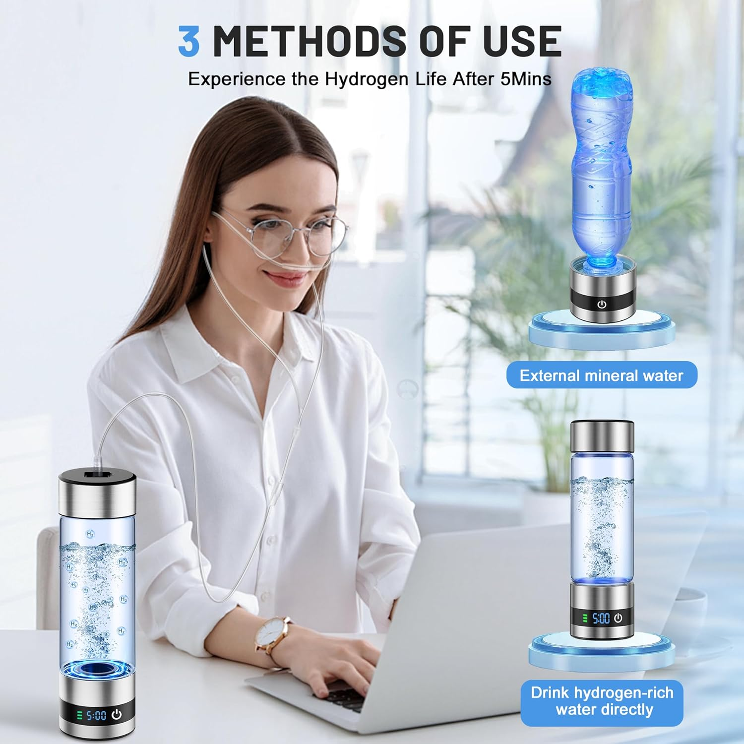 PHYFLOW OEM 460ml Glass Smart Display Screen Hydrogen Water Bottle Battery For Outdoor Car Use Stand Mount Drinking Inhalation