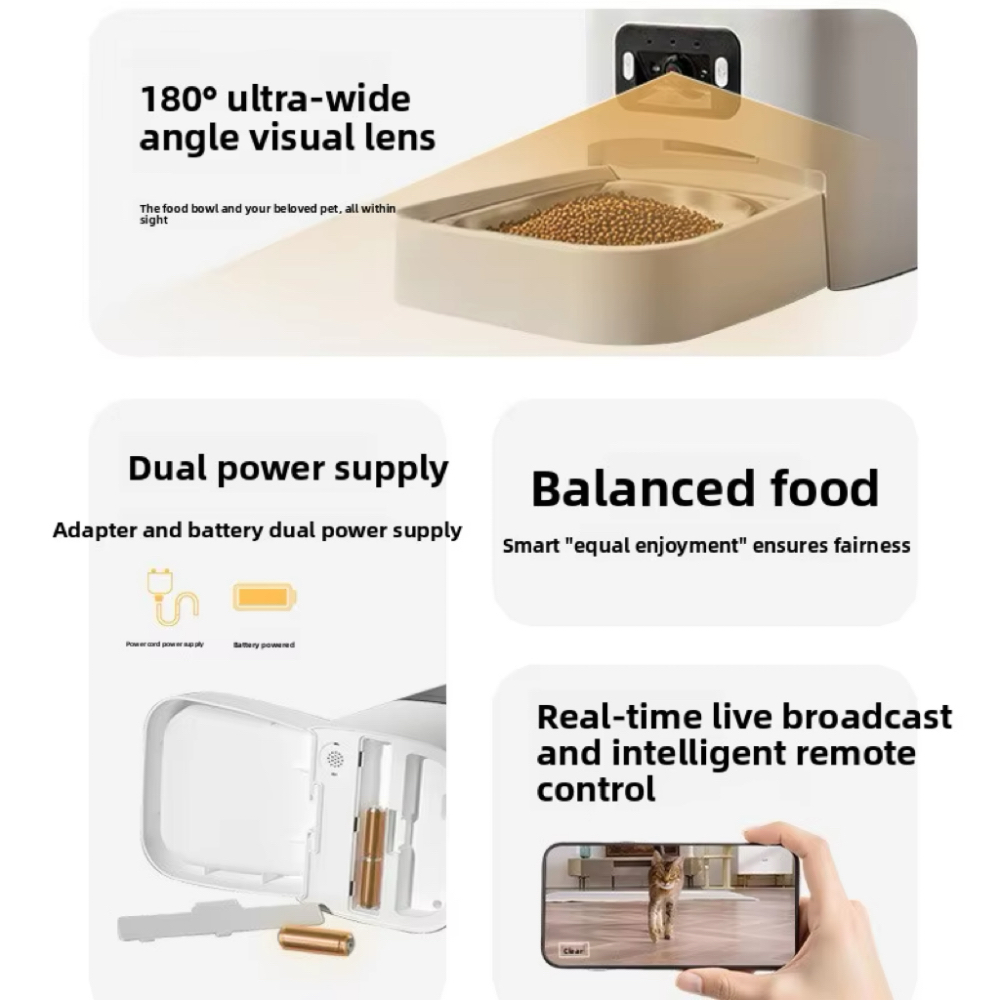6L Large Capacity Automatic Cat Feeder with Dual Power Supply APP Remote Timed Feeding Stainless Bowl for Travel Business Trip