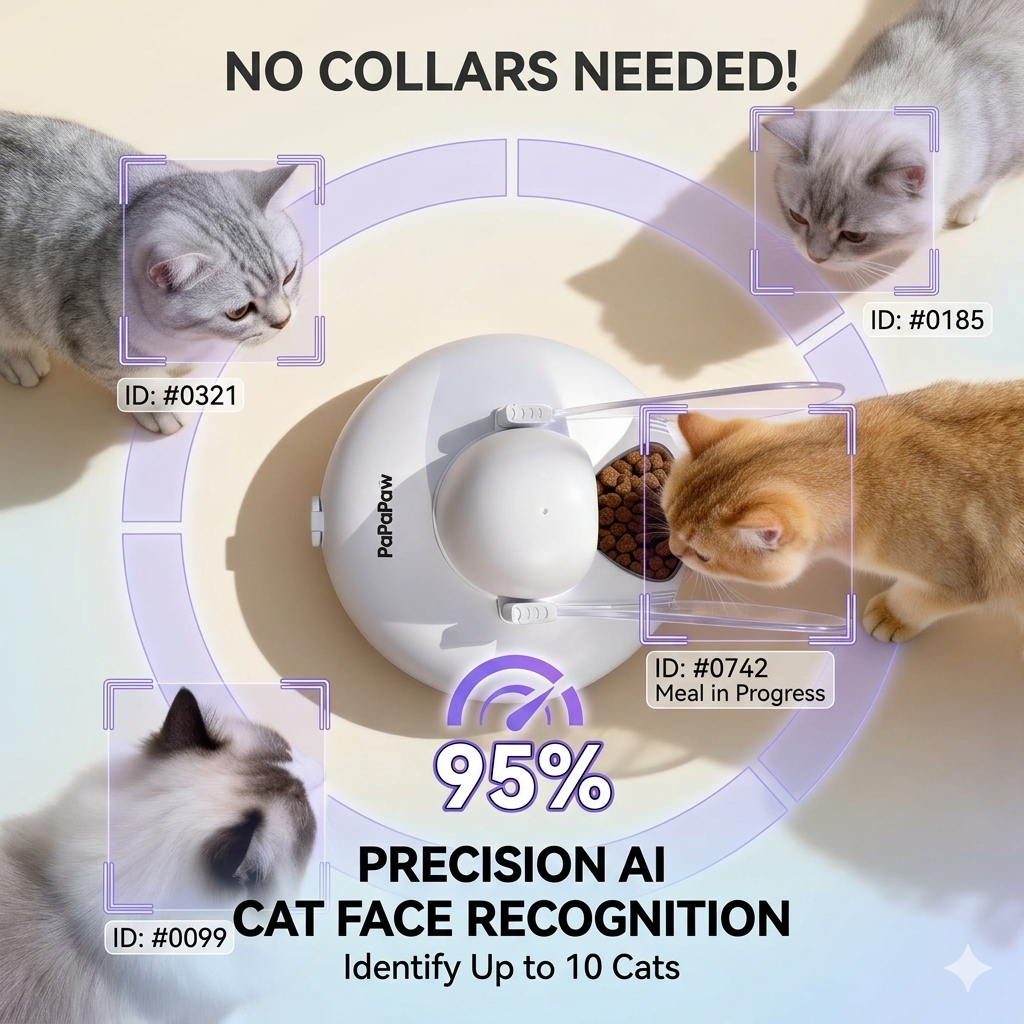 OEM/ODM Smart Multi Cat Automatic cat Feeder Wet Food AI Facial Recognition 6 Meal Rotating Tray Wifi APP Pet Feeder Automatic
